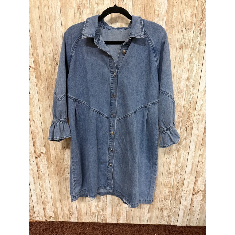 Womens Light Wash Denim Button Down Ruffle Cuff Distressed Hem Shirt Dress S